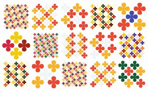 Set of seamless vector patterns featuring colorful clover like flower shapes  Stock Illustration
