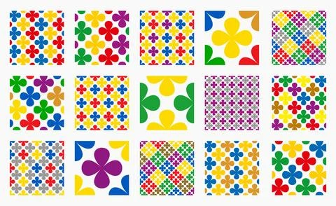 Set of seamless vector patterns featuring clover like flower shapes in a co.. Stock Illustration