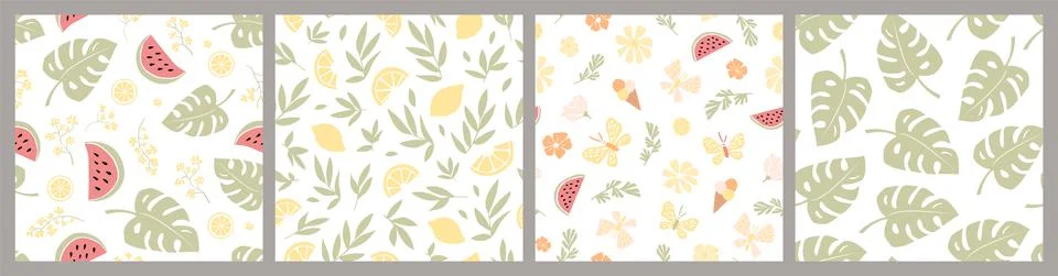 Set of seamless vector patterns of lemons, watermelons, leaves, flowers and m Stock Illustration