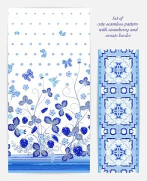 Set of seamless vector vertical pattern with Decorative blue  strawberry and Illustrazione stock