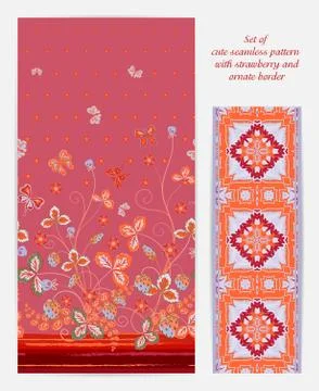 Set of seamless vector vertical pattern with Decorative red strawberry and Stock Illustration