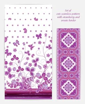 Set of seamless vector vertical pattern with Decorative lilac strawberry and Stock Illustration
