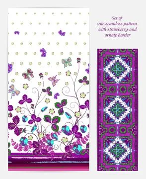 Set of seamless vector vertical pattern with Decorative violet strawberry and 스톡 일러스트