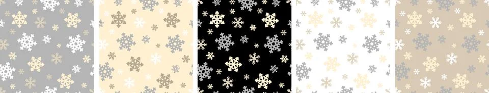 Set of seamless winter snowflake patterns in neutral and elegant color schemes Stock Illustration