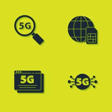Set Search 5G network, , and Globe Sim Card icon. Vector Stock Illustration