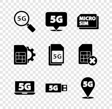 Set Search 5G network, Location, Micro Sim Card, Laptop with, modem, card s.. Stock Illustration