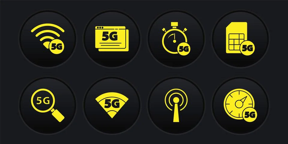 Set Search 5G network, Sim Card, Antenna, Digital speed meter, and icon. Vector 스톡 일러스트