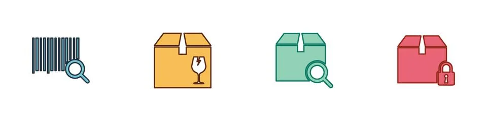 Set Search barcode, Delivery box with fragile content, package and Locked icon Illustrazione stock