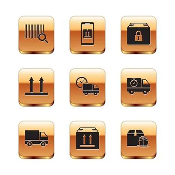 Set Search barcode, Delivery cargo truck vehicle, Cardboard box with traffic Illustrazione stock