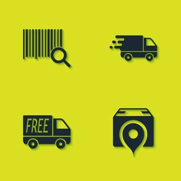 Set Search barcode, Location with cardboard box, Free delivery service and Illustrazione stock