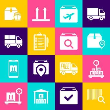 Set Search barcode, Scale with cardboard box, Location, Plane and, Verification Stock Illustration