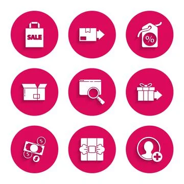 Set Search in a browser window, Gift box, Create account screen, Money cash and Stock Illustration