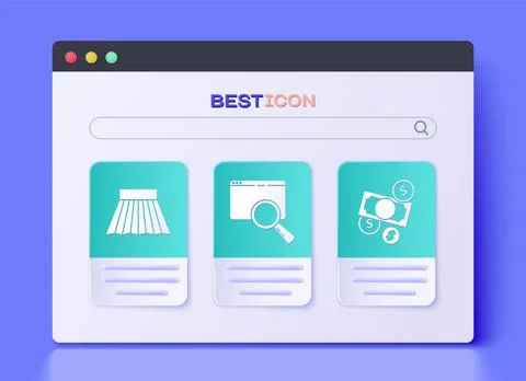 Set Search in a browser window, Skirt and Money cash and coin icon. Vector 库存插图