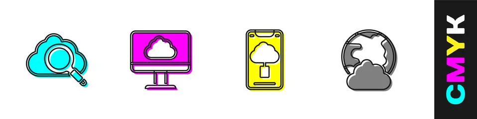 Set Search cloud computing, Cloud technology data transfer, and Social network Illustrazione stock