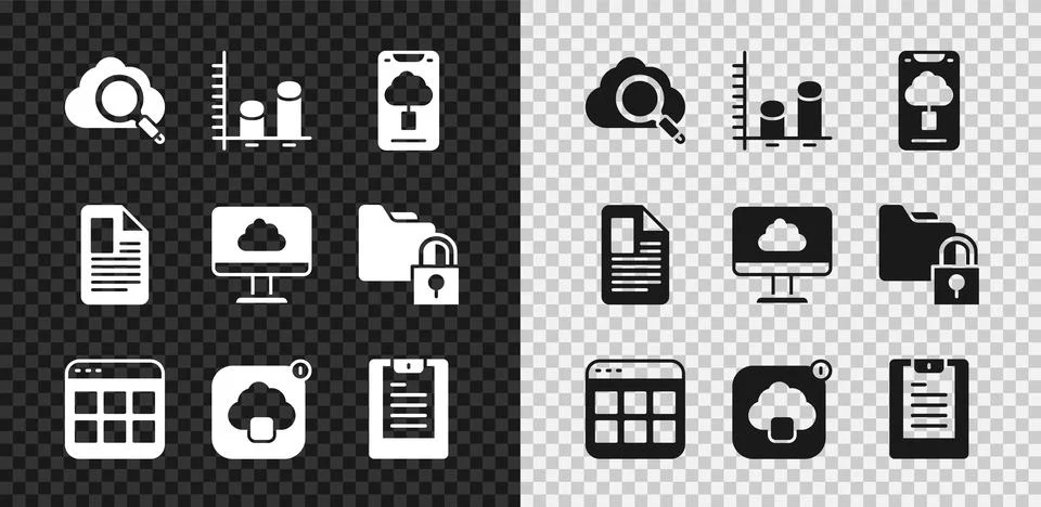 Set Search cloud computing, Data analysis, Cloud technology data transfer 스톡 일러스트