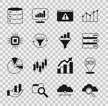 Set Search cloud computing, Data analysis, Server, Browser with exclamation mark Stock Illustration