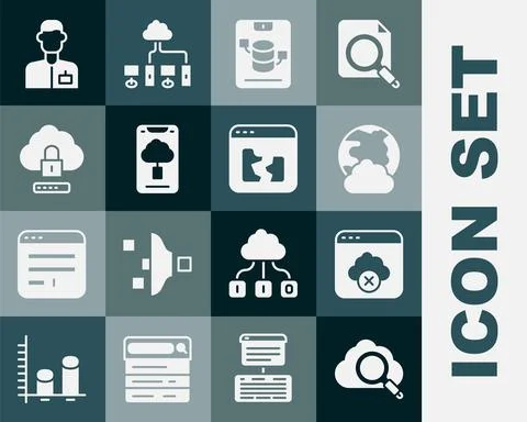 Set Search cloud computing, Failed access storage, Social network, Server, Data Stock Illustration