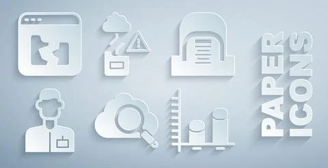 Set Search cloud computing, Hangar with servers, Analyst engineer, Data analysis Stock Illustration