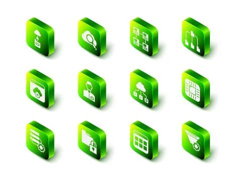 Set Search cloud computing, Hierarchy organogram chart, Folder tree, Processor Illustrazione stock