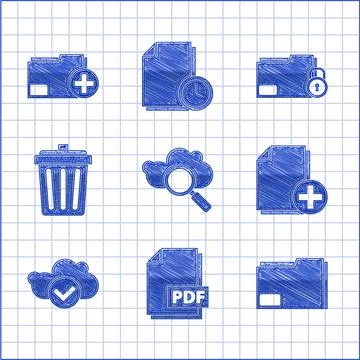 Set Search cloud computing, PDF file document, Document folder, Add new, Cloud Illustrazione stock