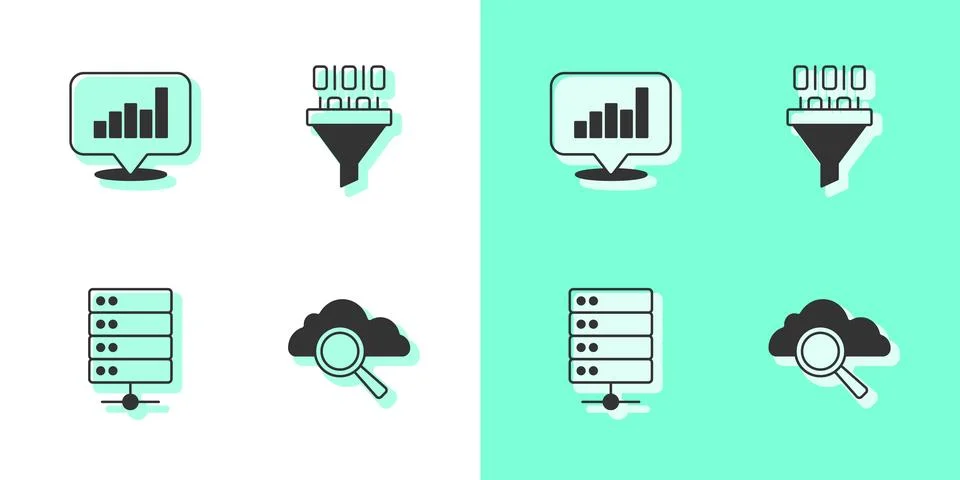 Set Search cloud computing, Pie chart infographic, Server and Binary code icon Stock Illustration