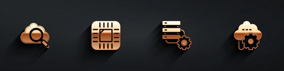 Set Search cloud computing, Processor with CPU, Server and gear and Cloud Illustrazione stock