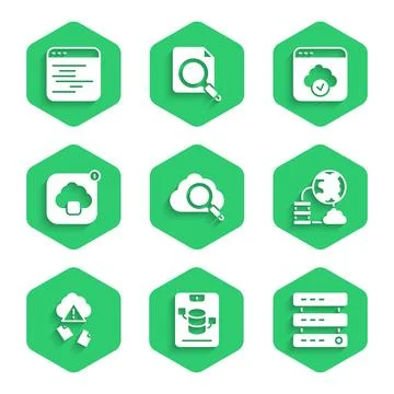 Set Search cloud computing, Server, Data, Web Hosting, Network connection, Cloud Illustrazione stock