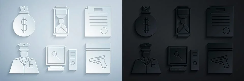 Set Search on computer screen, The arrest warrant, Police officer, Evidence bag Stockillustratie