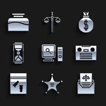 Set Search on computer screen, Hexagram sheriff, Subpoena, Retro audio cassette Stock Illustration