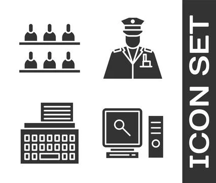 Set Search on computer screen, Jurors, Retro typewriter and Police officer ic Stock Illustration
