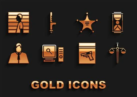 Set Search on computer screen, Old hourglass with sand, Scales of justice Stock Illustration