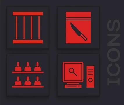 Set Search on computer screen, Prison window, Evidence bag and knife and Ju.. Stock Illustration