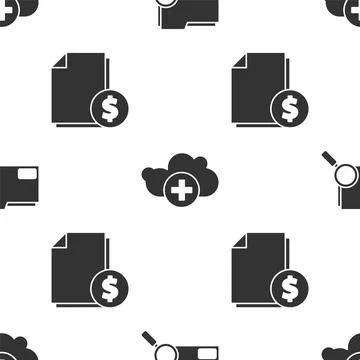 Set Search concept with folder, Add cloud and Finance document on seamless 스톡 일러스트