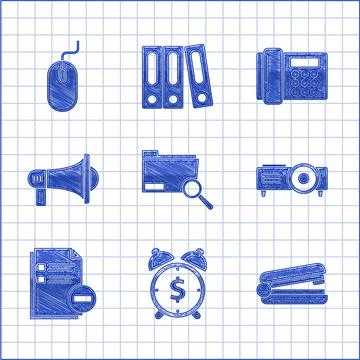 Set Search concept with folder, Alarm clock dollar symbol, Office stapler Illustrazione stock