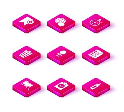 Set Search concept with folder, Completed task, Trash can, Office chair, Ma.. Stock Illustration