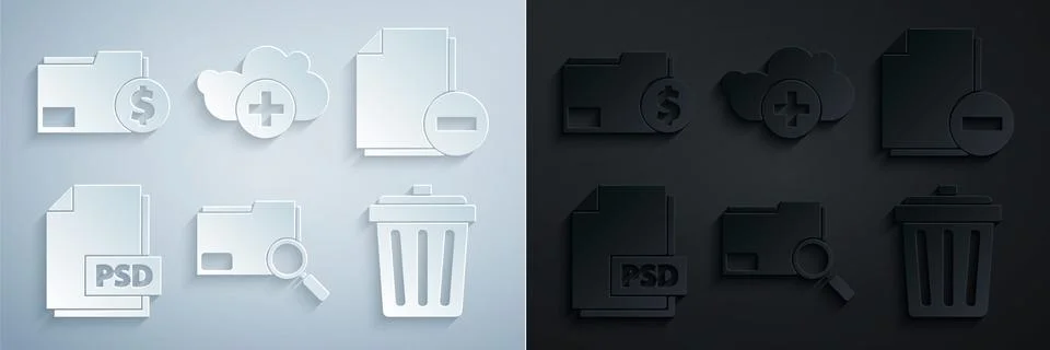 Set Search concept with folder, Document minus, PSD file document, Trash can Stock-Illustration