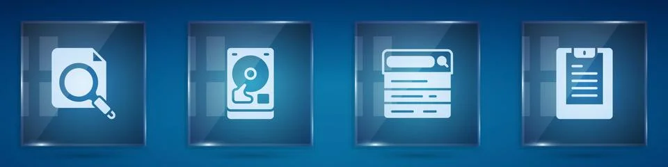 Set Search concept with folder, Hard disk drive HDD, engine and Server, Data Stock Illustration