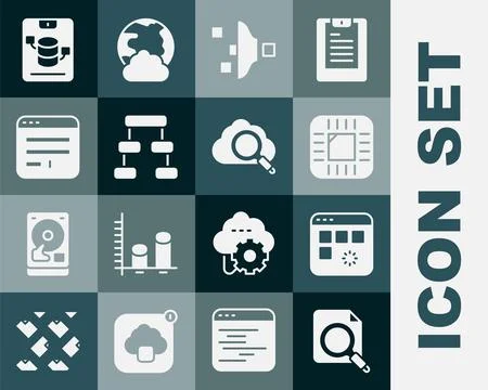 Set Search concept with folder, Loading data window, Processor CPU, Filter Illustrazione stock