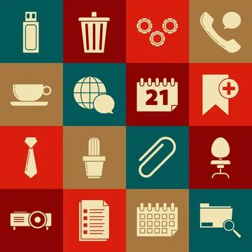 Set Search concept with folder, Office chair, Bookmark, Gear, World map made Stock Illustration
