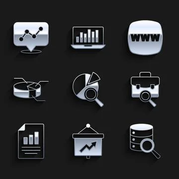 Set Search data analysis, Board with graph, Server, Work search, Document chart Stock Illustration