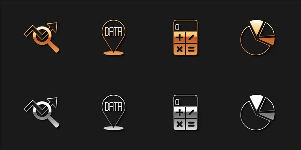Set Search data analysis, Data, Calculator and Pie chart infographic icon イラスト素材