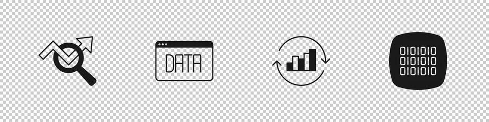 Set Search data analysis, Data, Pie chart infographic and Binary code icon... Stock Illustration