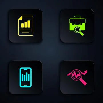 Set Search data analysis, Document with graph chart, Mobile and Work search Stock Illustration