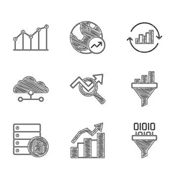 Set Search data analysis, Financial growth, Binary code, Sales funnel with chart Illustrazione stock