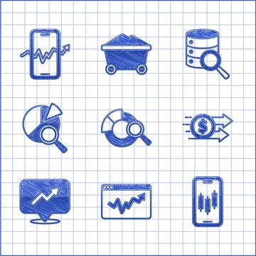 Set Search data analysis, Graph chart infographic, Mobile stock trading Illustrazione stock