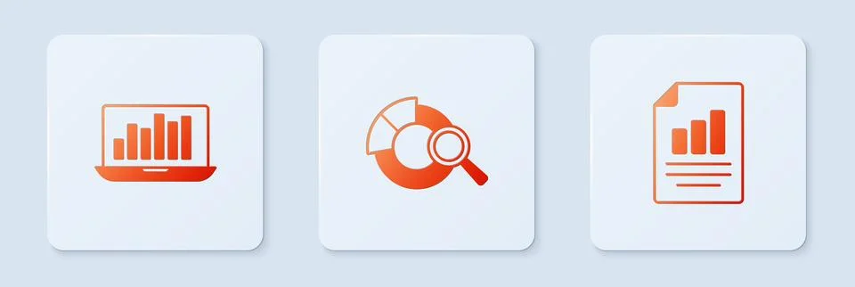 Set Search data analysis, Laptop with graph chart and Document. White square Stock Illustration