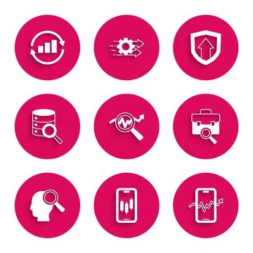 Set Search data analysis, Mobile stock trading, Work search, people, Server Illustrazione stock