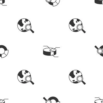 Set Search data analysis, Pie chart infographic and globe on seamless pattern Illustrazione stock
