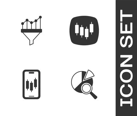 Set Search data analysis, Sales funnel with chart, Mobile stock trading and Stock Illustration