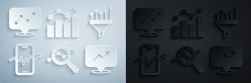Set Search data analysis, Sales funnel with chart, Mobile stock trading Stock Illustration
